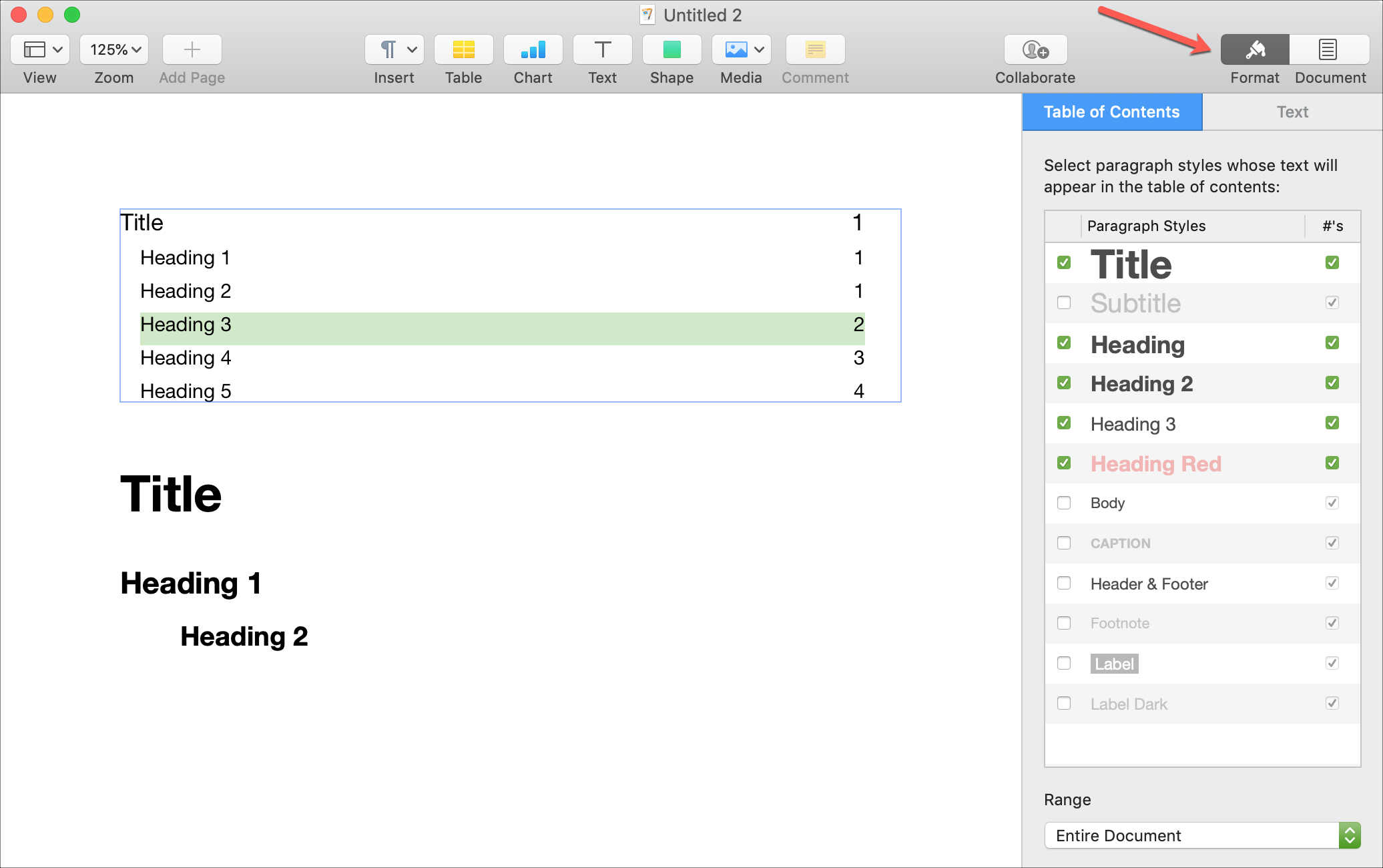 create a table of content for word on mac